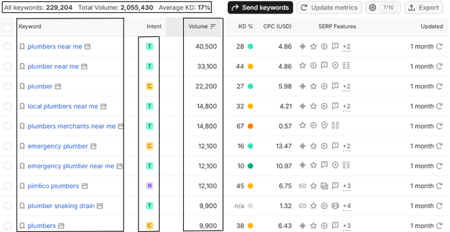plumbers keywords overview of semrush by bright seo